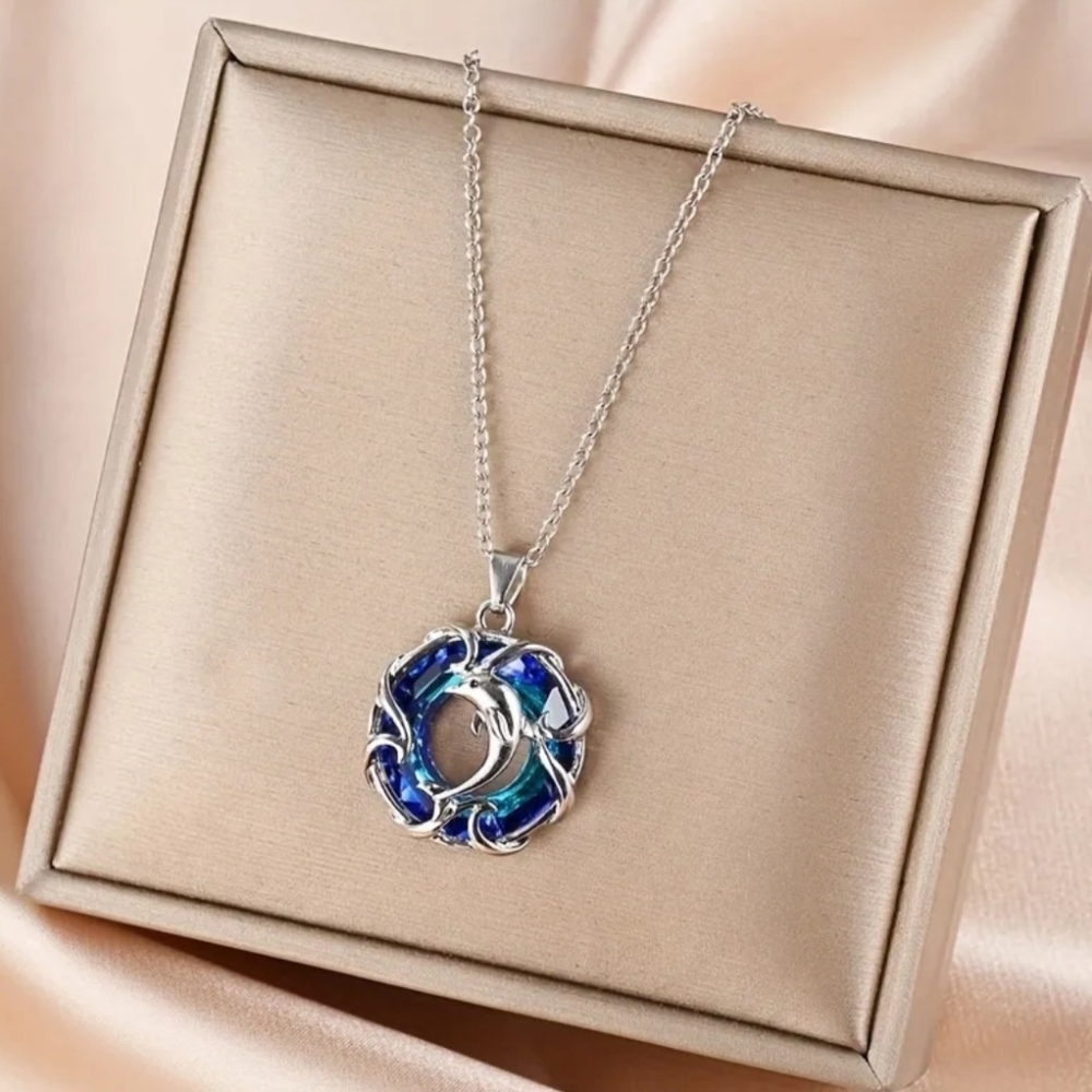 🏷SALE. Silver Dolphin Wrapped Around Blue Stone Necklace NWT. Fast Ship.